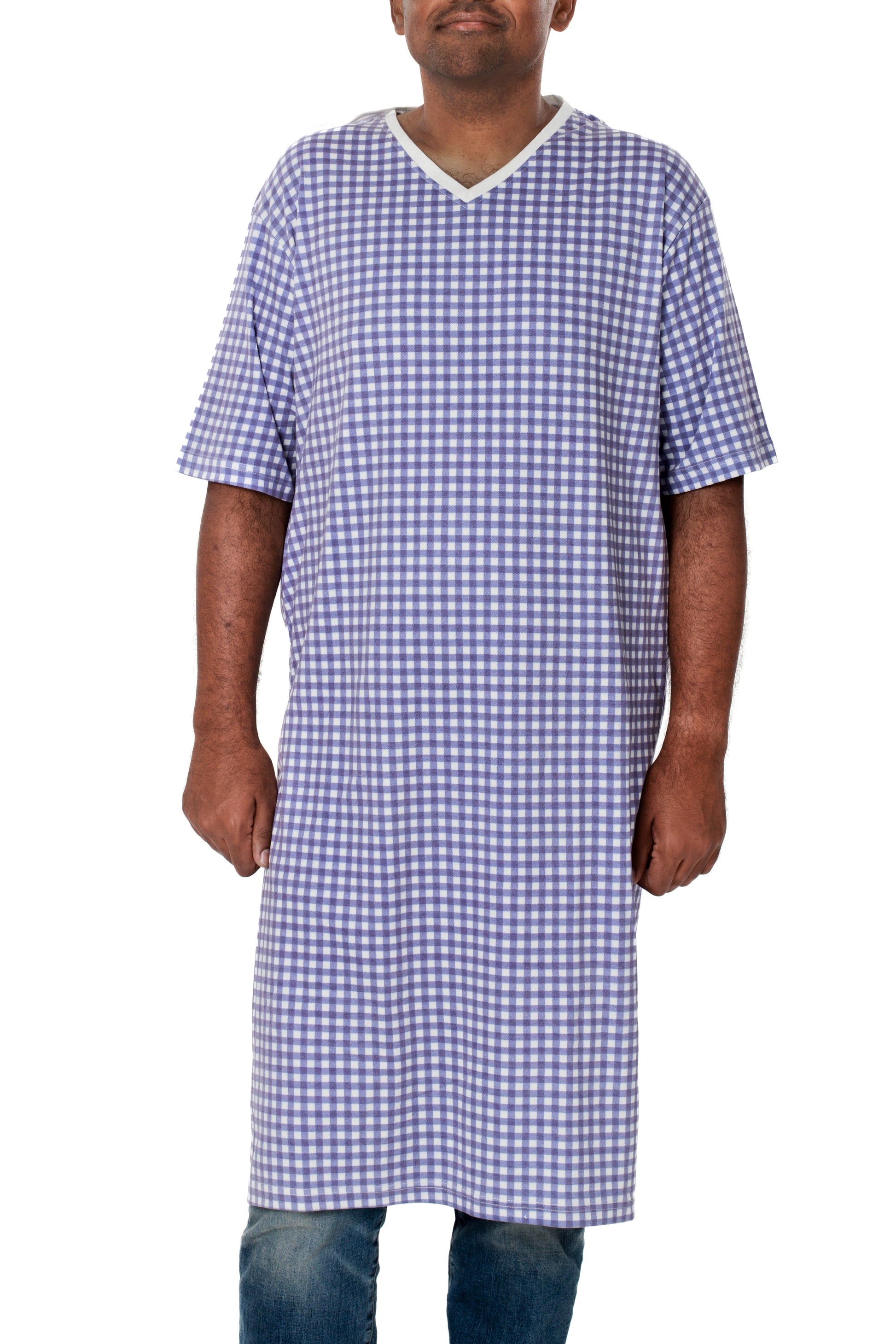 Men's open-back adaptive gown, designed for easy dressing and comfort for seniors, individuals with limited mobility, or post-surgery recovery
