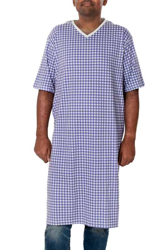Men's open-back adaptive gown, designed for easy dressing and comfort for seniors, individuals with limited mobility, or post-surgery recovery