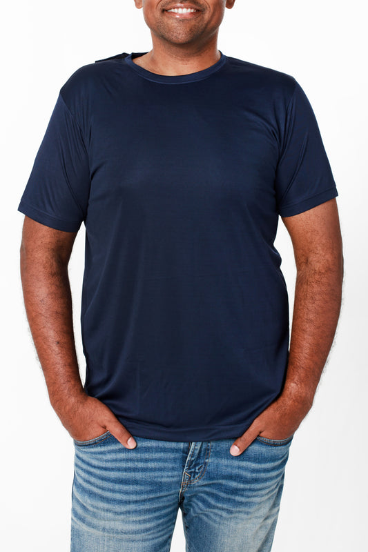 Round Neck Blue T-Shirt | Open Back Adaptive Clothing for Men