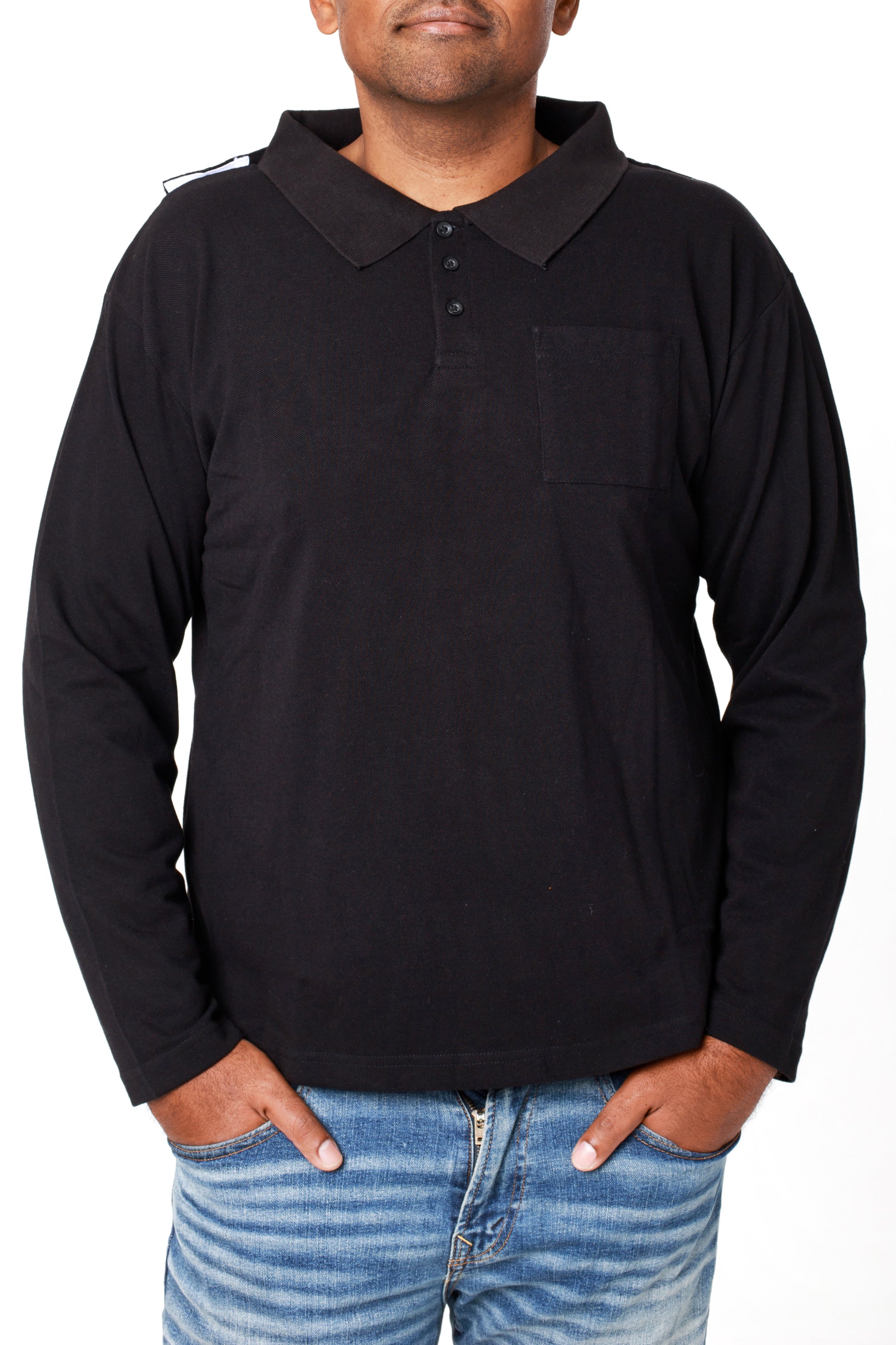 A man wearing a black full-sleeved polo with an open back, open back full sleeves t-shirt