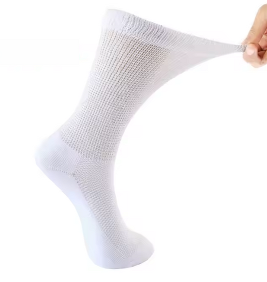 A pair of white diabetic socks made of cotton, designed for diabetic feet support and comfort.