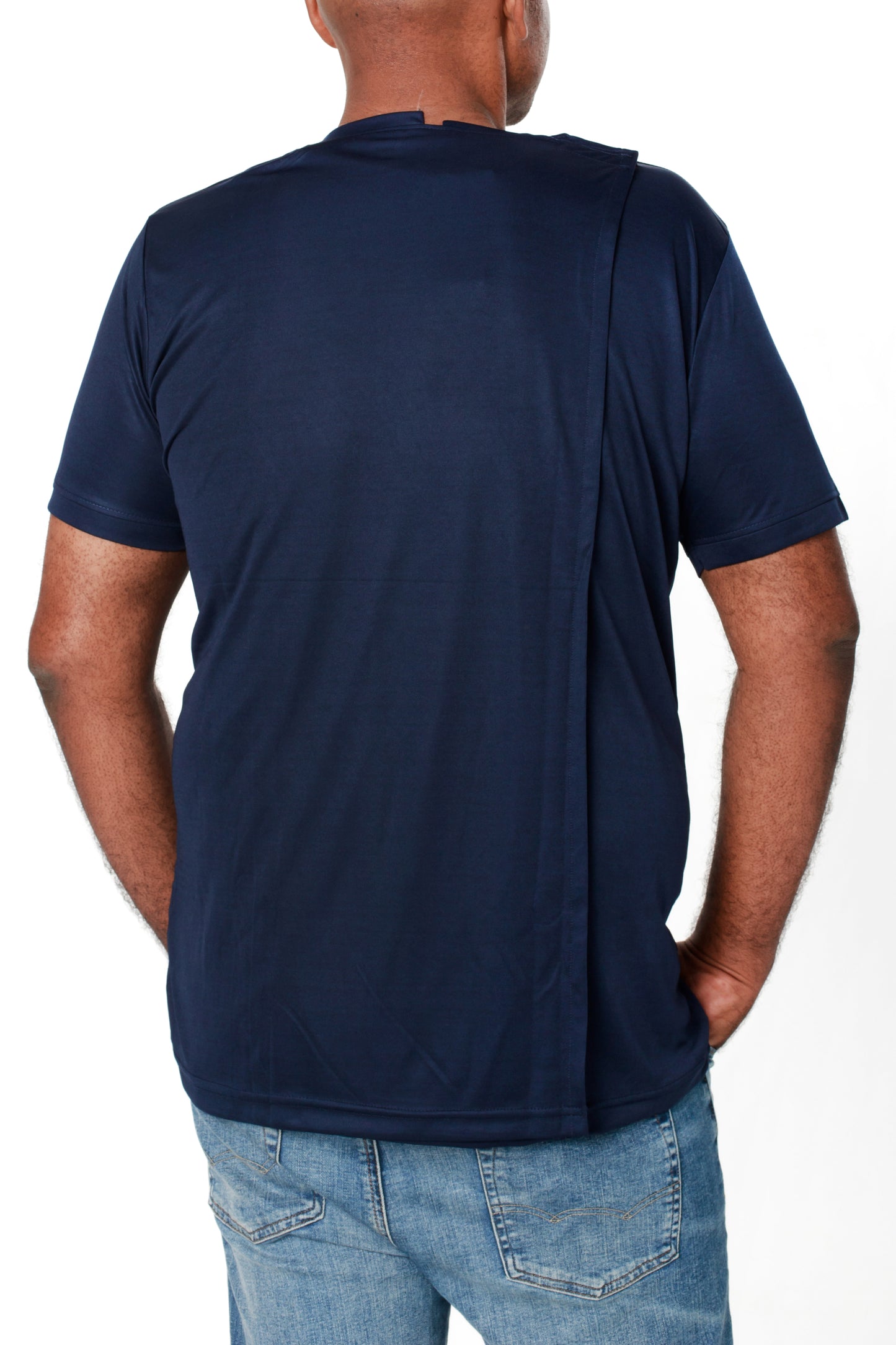 Round Neck Blue T-Shirt | Open Back Adaptive Clothing for Men