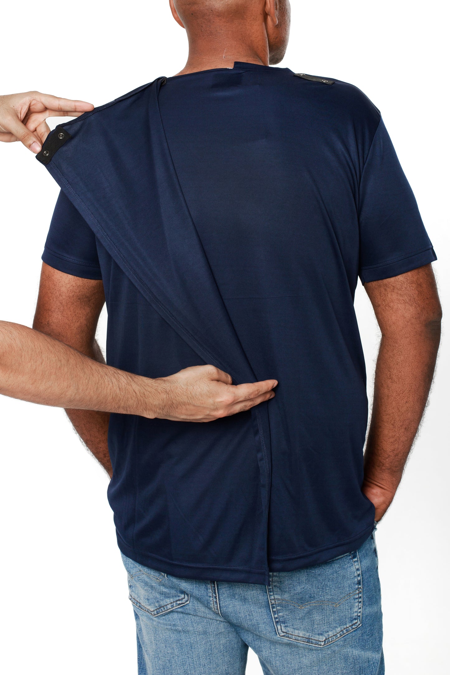Round Neck Blue T-Shirt | Open Back Adaptive Clothing for Men