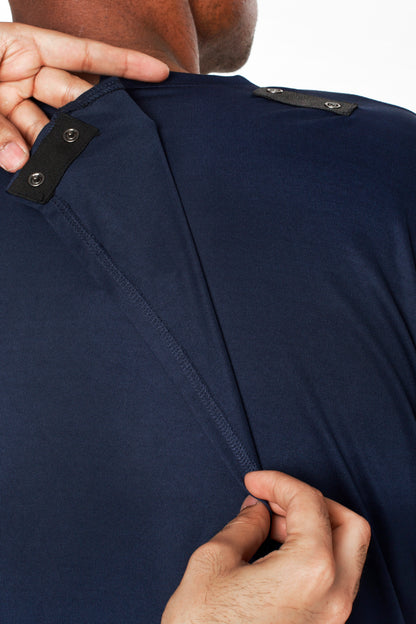 Round Neck Blue T-Shirt | Open Back Adaptive Clothing for Men