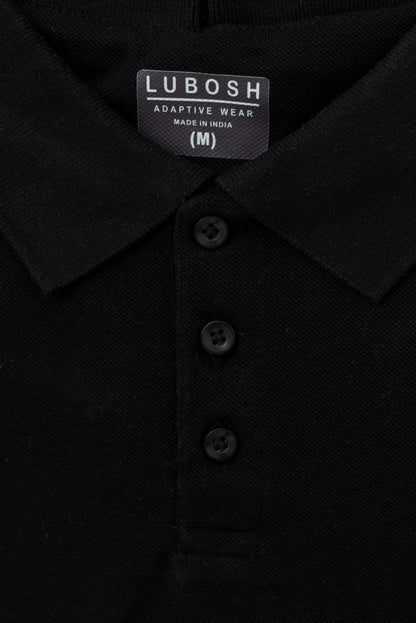 Open Back Polo Black T-Shirt Half Sleeves | Adaptive Clothing for Men